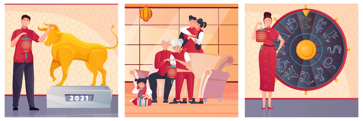 Flat compositions set with family celebrating chinese new year statue of golden bull and horoscope isolated vector illustration