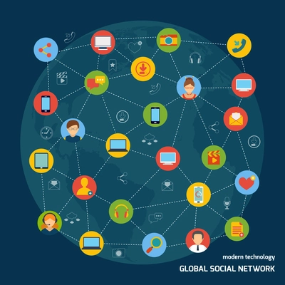 Social media network concept with avatars and mobile devices icons connected vector illustration