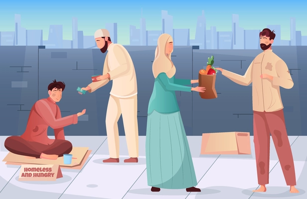 Flat ramadan charity background with muslim people giving money and food to hungry and homeless vector illustration