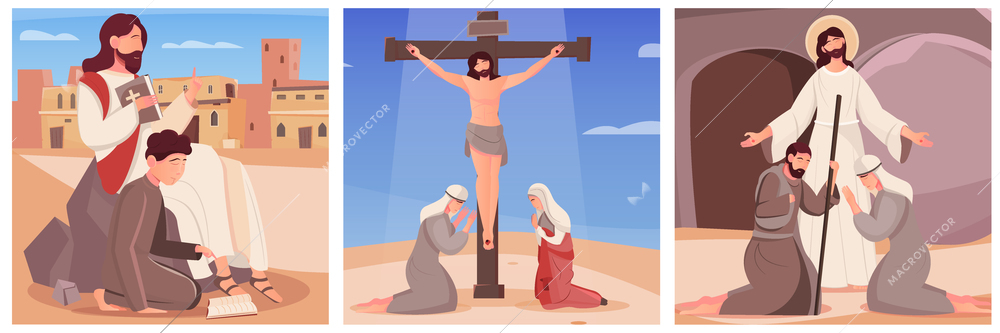 Jesus christ with bible his crucifixion and resurrection flat compositions set isolated vector illustration