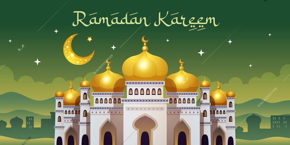 Ramadan kareem horizontal poster with night oriental cityscape with moon and big mosque with ornate text vector illustration