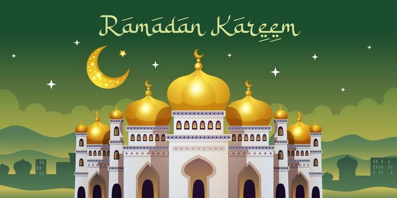 Ramadan kareem horizontal poster with night oriental cityscape with moon and big mosque with ornate text vector illustration
