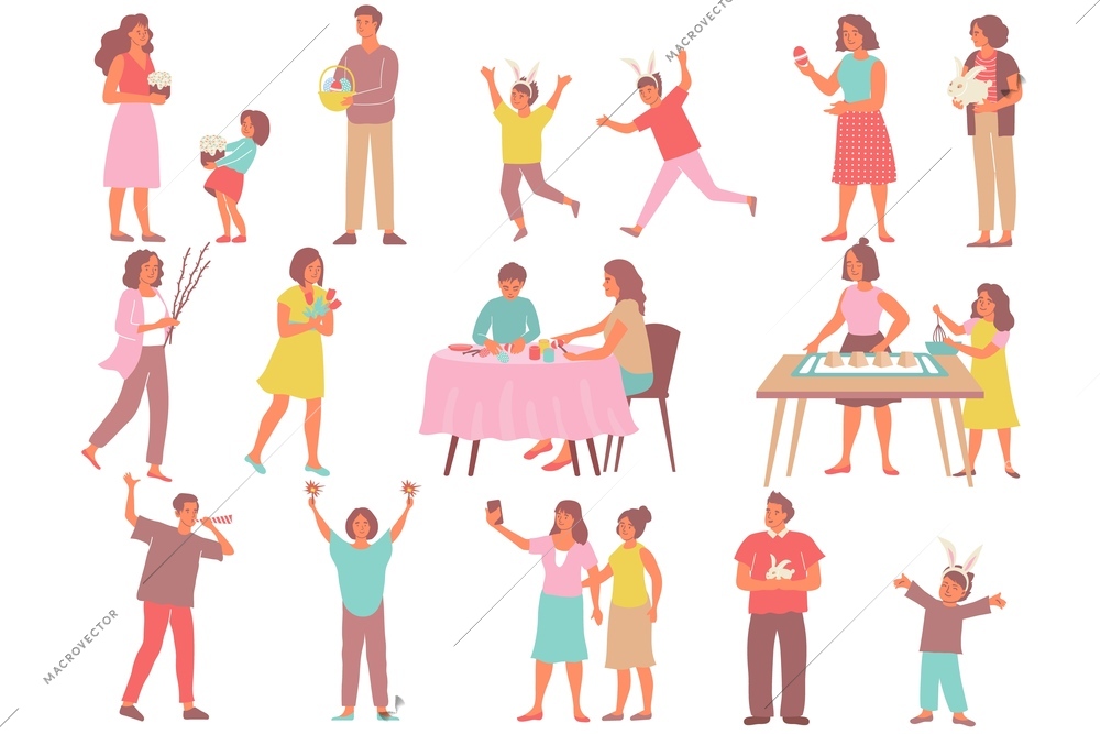 Easter set of flat icons and isolated human characters of kids and adults during easter activities vector illustration