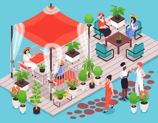 Fashionable women friends drinking wine on summer terrace 3d isometric vector illustration