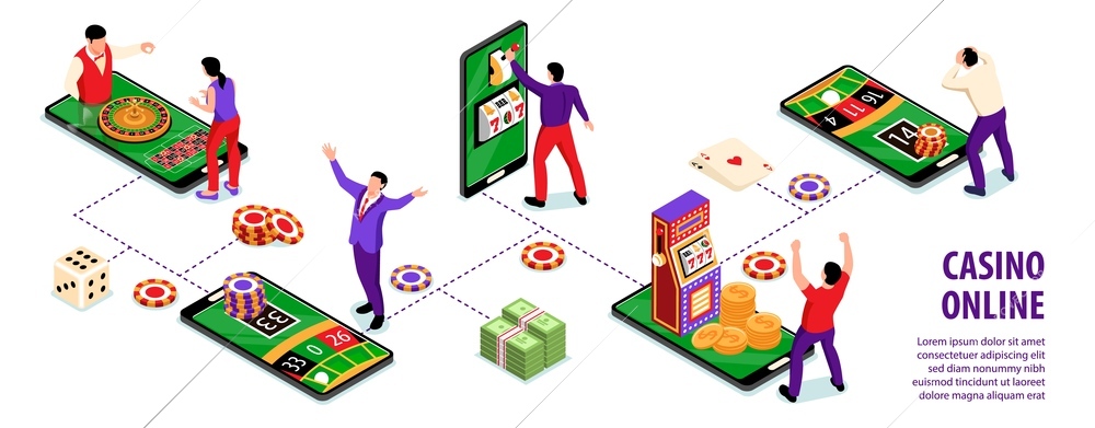 Isometric online casino infographics with editable text and human characters of dealers and players with smartphones vector illustration