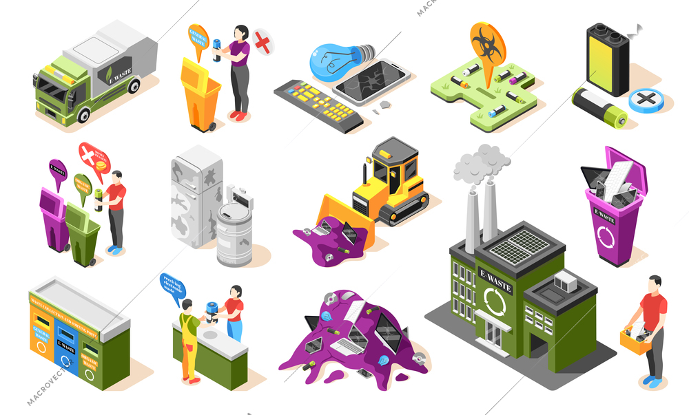 Electronic garbage isometric icons collection with isolated icons of dead batteries waste bins and disposal fields vector illustration