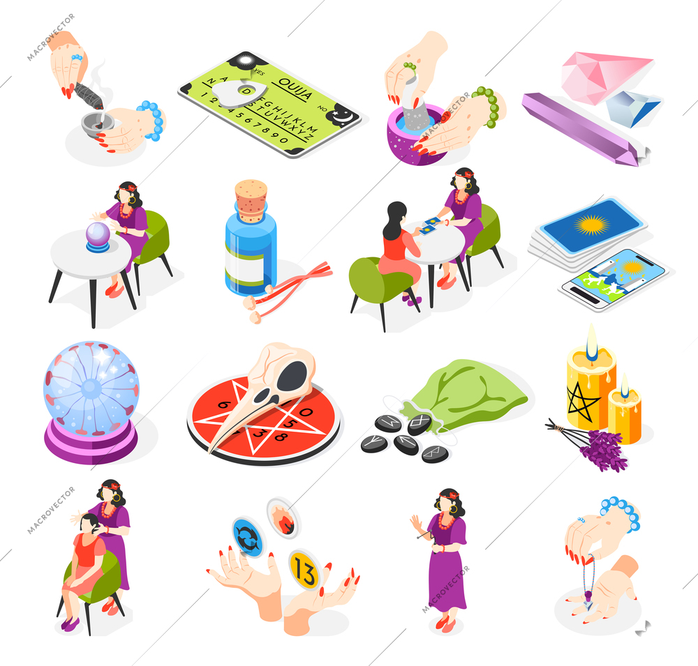 Magical services isometric set with isolated icons of fortune teller acessories hands with cards and candles vector illustration