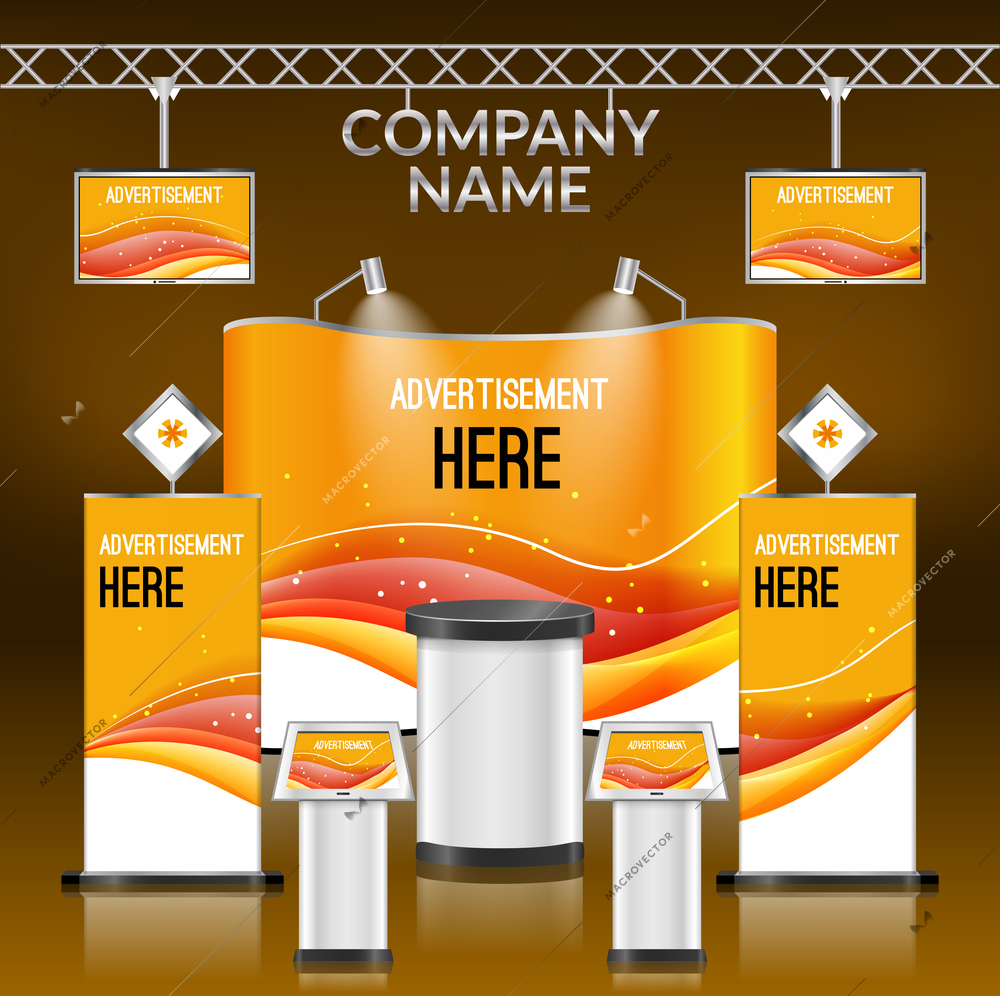 Exhibition advertising promotion stand orange design layout template vector illustration