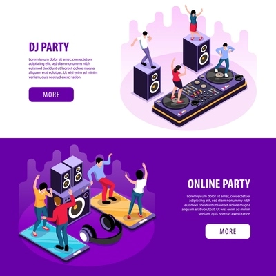Isometric dj set of horizontal banners with characters of dancing people headphones loudspeakers and smartphone gadgets vector illustration