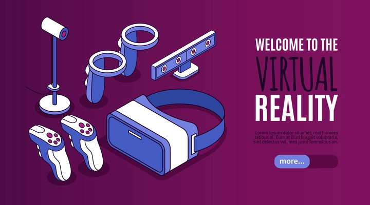 Virtual reality banner with interactive game symbols isometric vector illustration