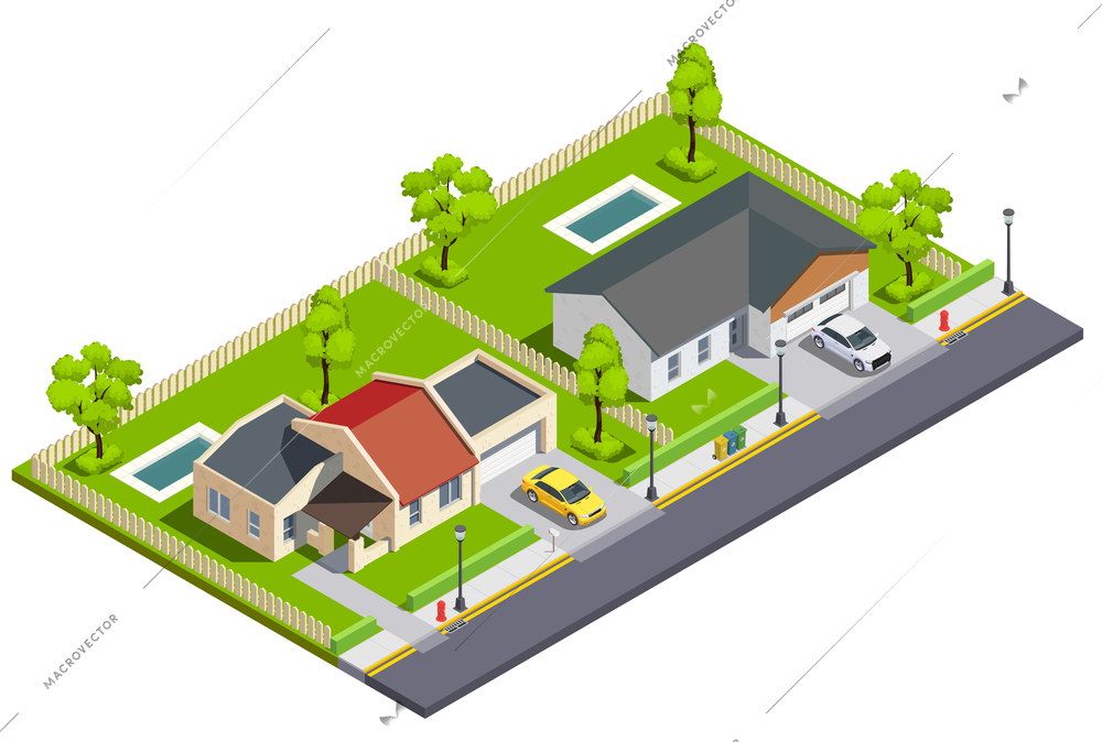 Suburban city buildings isometric composition with view of small neighbour gardens with private houses and cars vector illustration