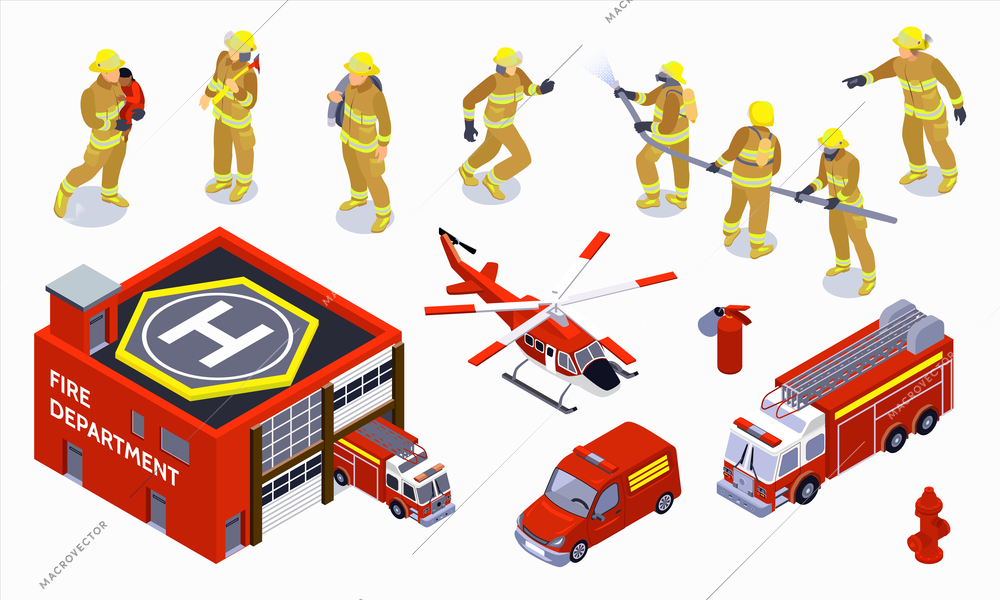 Firefighter isometric color icons set with special transport warden and brigade of professionals in work isolated vector illustration