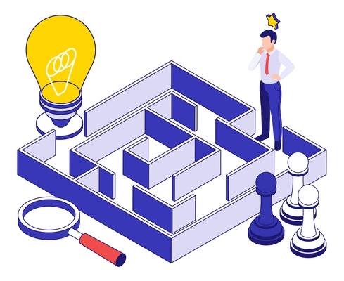 Business strategy 3d vector illustration with chess pieces magnifying glass as searching symbol and glowing light bulb at maze exit