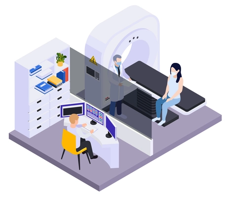 Medical testing of patient in clinic with help of high tech equipment such as computer tomograph isometric composition vector illustration