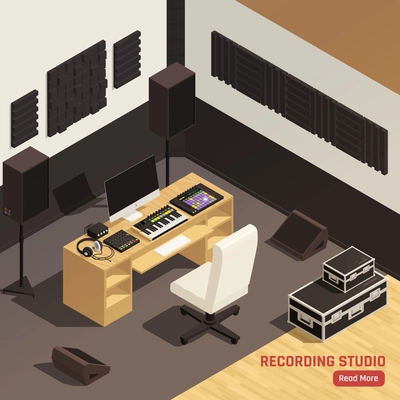 Dj recording studio interior isometric composition with monitors controller mixing desk acoustic treatment headphones equipment vector illustration