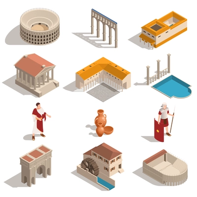 Ancient rome people landmarks architecture elements pottery isometric set with colosseum pantheon triumphal arch isolated vector illustration