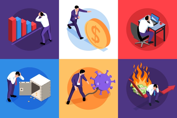 Isometric world financial crisis design concept with characters of businessmen losing money with banknotes coin icons vector illustration