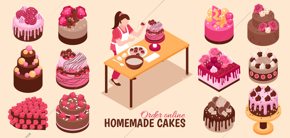 Isometric homemade cake set with isolated images of confectionery products with various toppings and editable text vector illustration