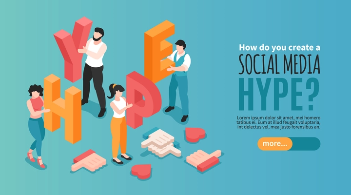 Horizontal social media hype banner with human characters holding letters and likes 3d isometric vector illustration