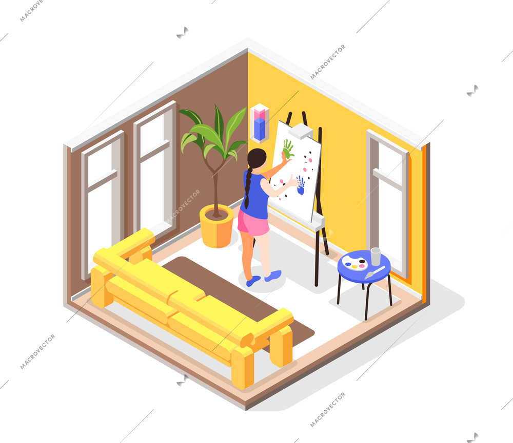 Human needs isometric composition with indoor view of apartment with girl at drawing easel doing painting vector illustration