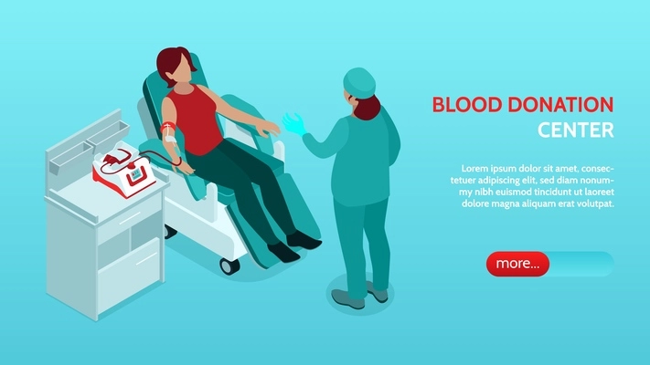 Blood donation center horizontal isometric web banner with nurse instructing donor in reclining chair vector illustration