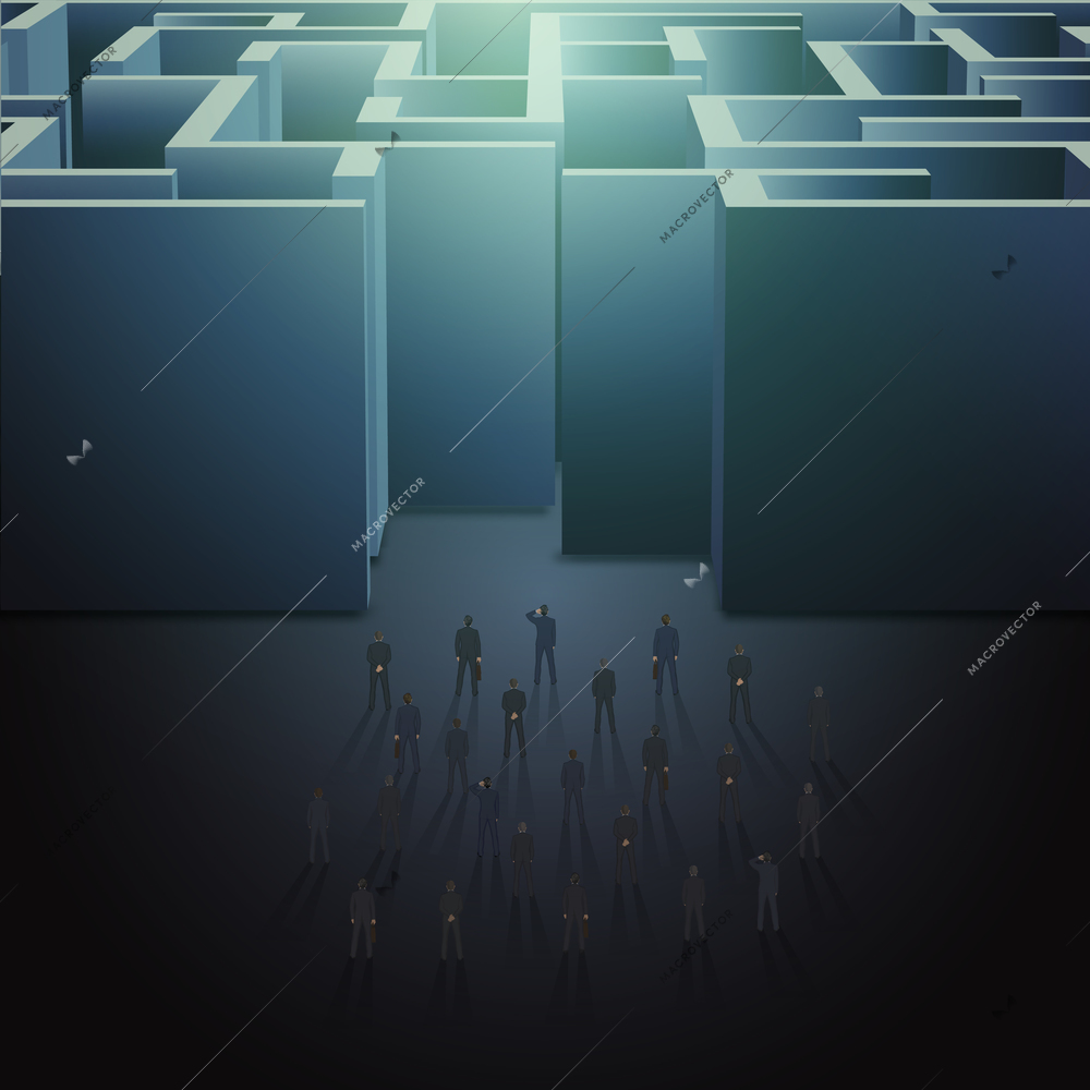 Large group of people in front of huge maze entrance business concept vector illustration