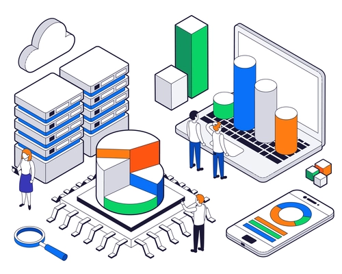 Big data science analysis isometric concept professionals check the performance of gadgets vector illustration