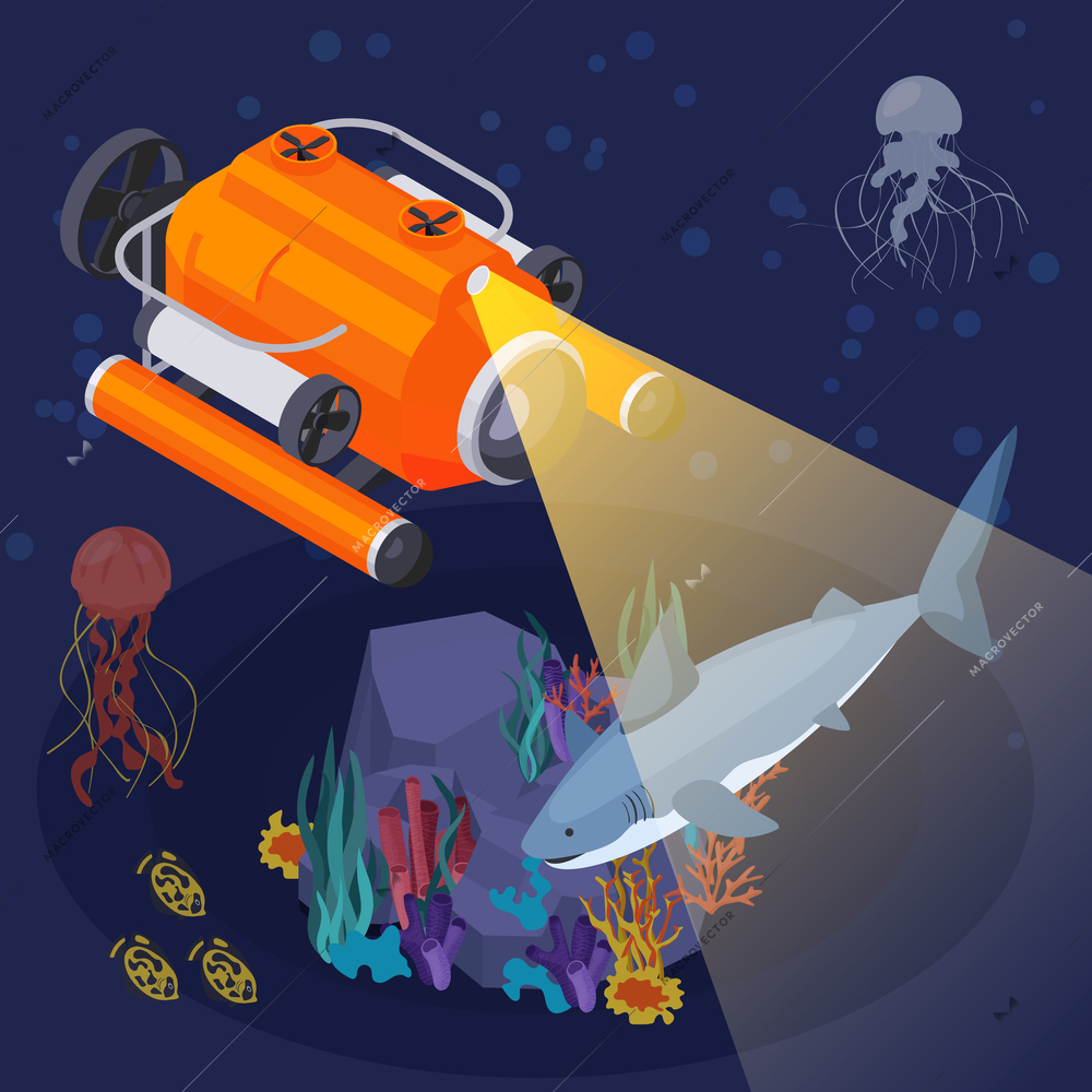 Underwater vehicles machines and equipment isometric composition ship shines a searchlight underwater at night vector illustration