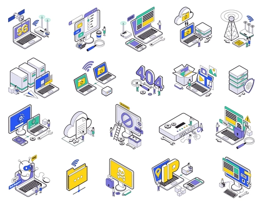 Isometric web hosting icon set with signs of errors five g wireless clouds support and other descriptions vector illustration