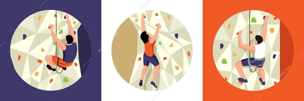 Isometric climbing design concept of round compositions views of training cliff with people hanging on ropes vector illustration