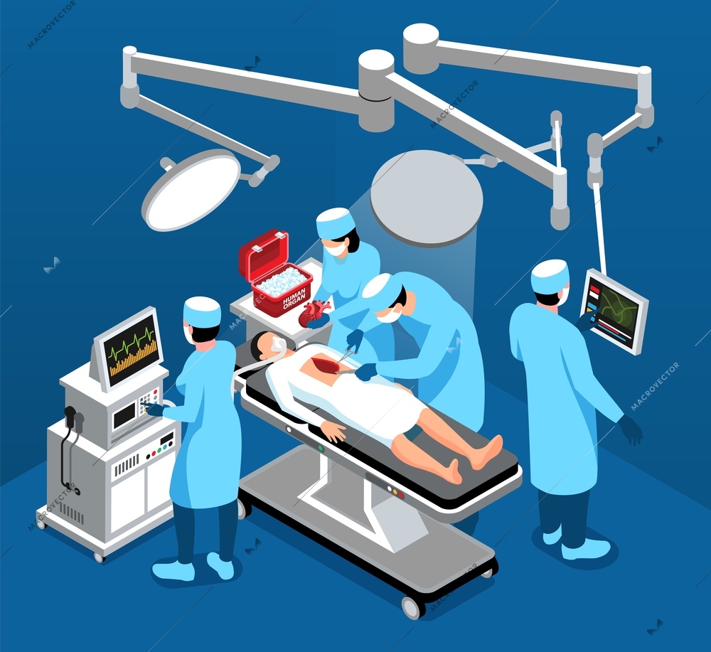 Isometric donor human organs composition with view of surgery room with medical apparatus and doctors characters vector illustration