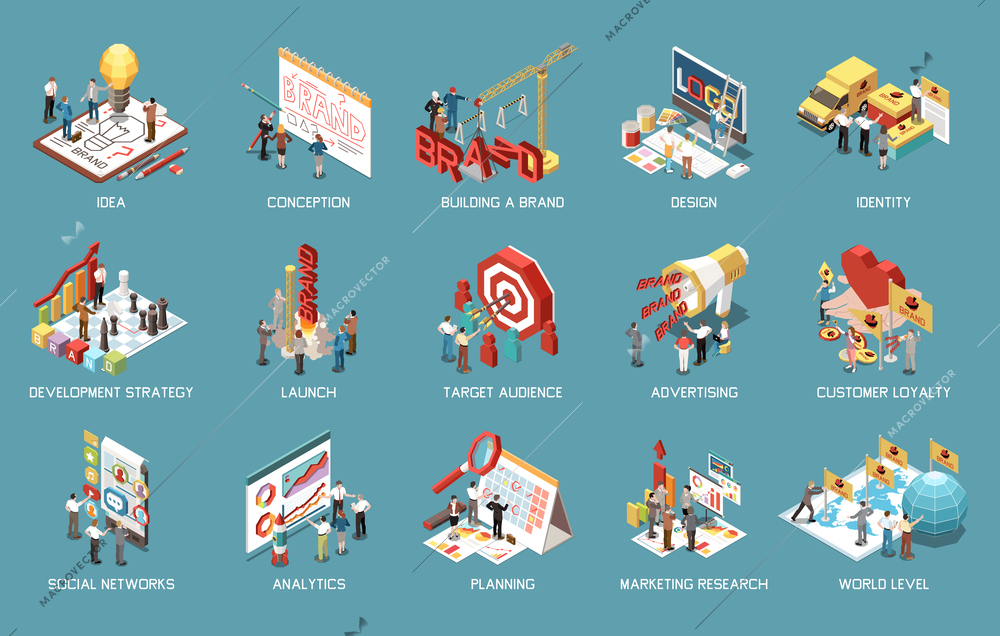 Branding concept icons set with launching brand creating idea analytics advertising stratedy development 3d isometric isolated vector illustration