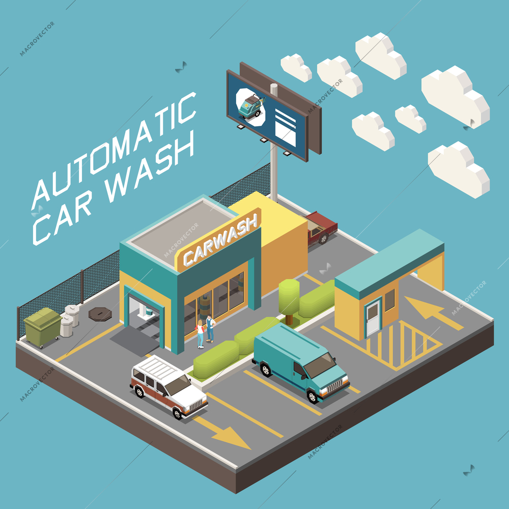 Isometric concept of 3d automatic car wash exterior territory and automobiles driving out vector illustration