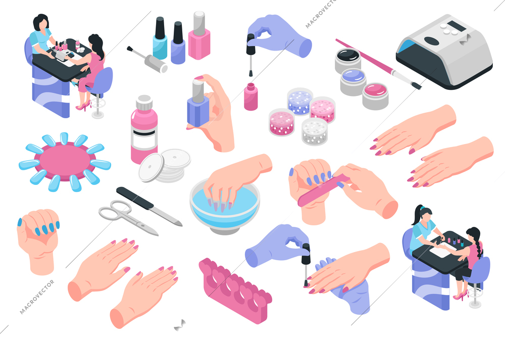Nail studio isometric set of   various tools for manicure  bottles of nail polish and polish remover with cotton pads isolated vector illustration