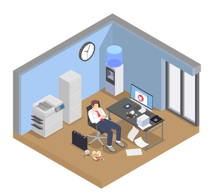 Professional burnout depression frustration isometric composition with view of office room interior and distracted worker character vector illustration