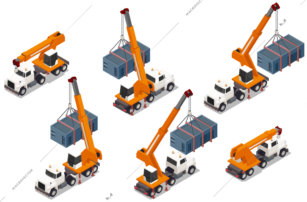 Set of isolated modular frame building isometric icons with images of trucks with cranes and containers vector illustration