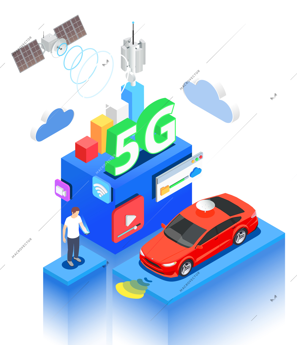 5g high speed internet isometric composition with platforms icons and human character with self driving car vector illustration