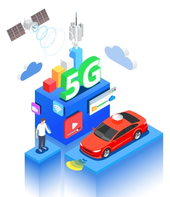 5g high speed internet isometric composition with platforms icons and human character with self driving car vector illustration