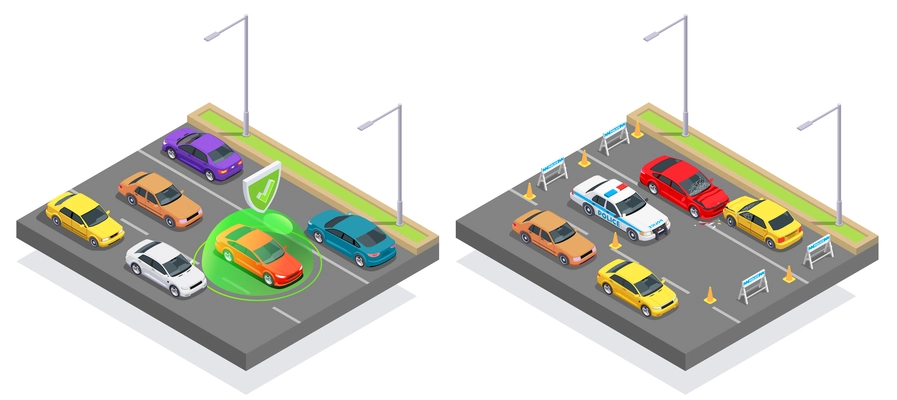 Car ownership usage isometric composition with view of motorway with asphalt lanes and images of cars vector illustration