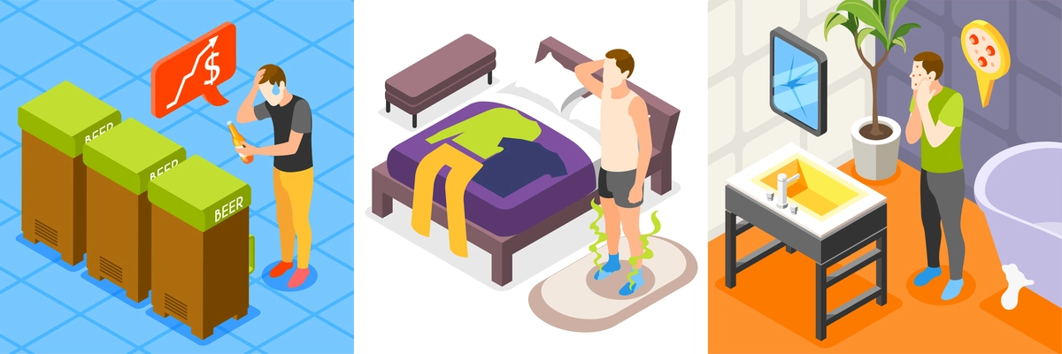 Men problems with financial stress frustration morning skincare routine excessive feet sweating 3 isometric compositions vector illustration