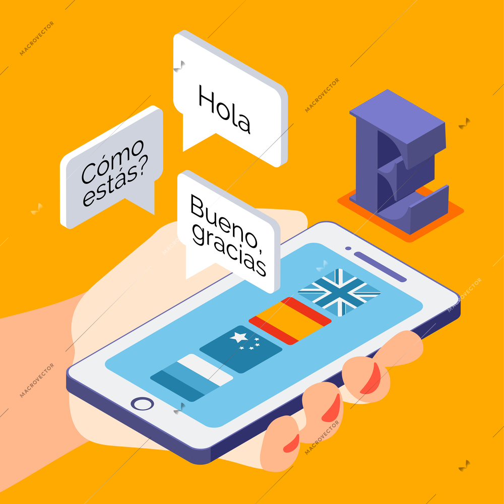 Language courses isometric background composition with learning spanish real life conversation online hand holding smartphone vector illustration