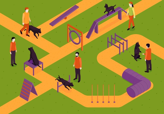 Isometric dog training composition with view of garden lanes with masters and dogs with play equipment vector illustration