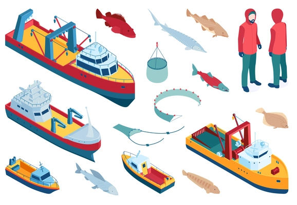 Commercial fishing trawlers for industrial seafood production color set isometric vector illustration