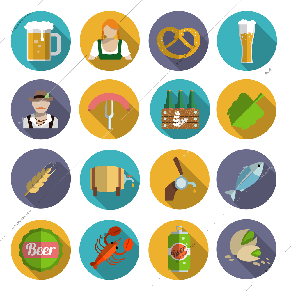 Beer alcohol drink Oktoberfest festival icons flat set isolated vector illustration