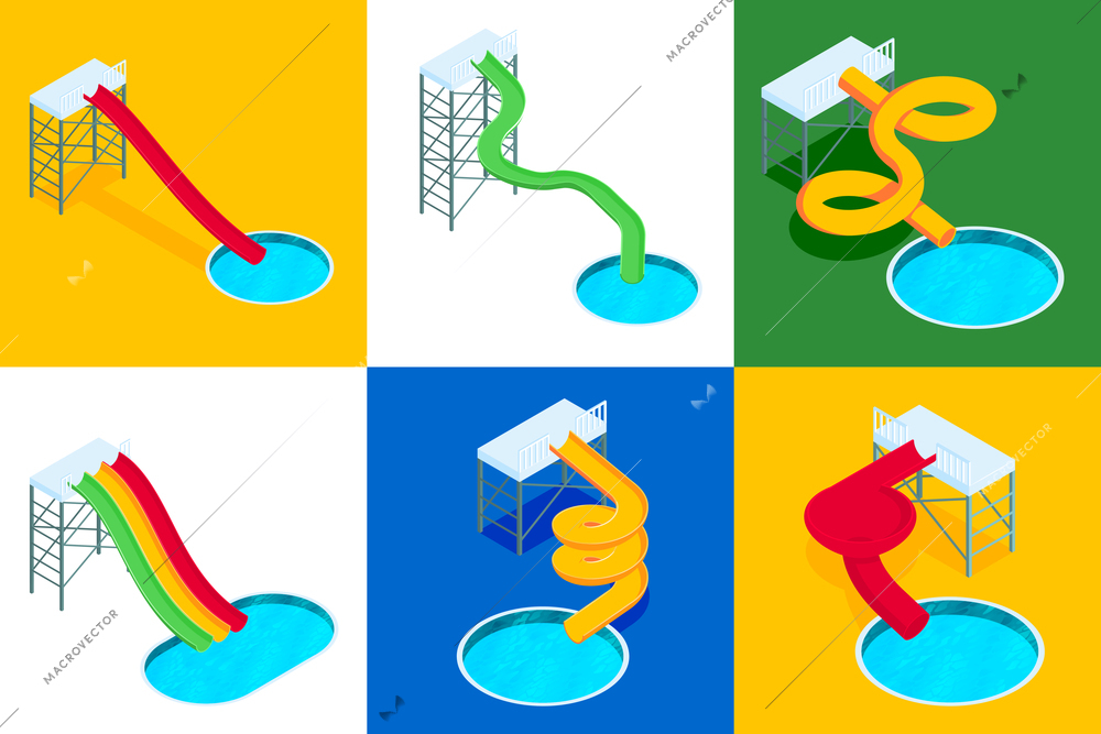 Isometric water aqua park design concept with view of towers and slides ending in round pools vector illustration