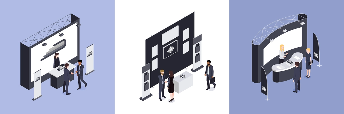 Exhibition design concept set of three square compositions with consultants standing near promotional expo stands isometric vector illustration