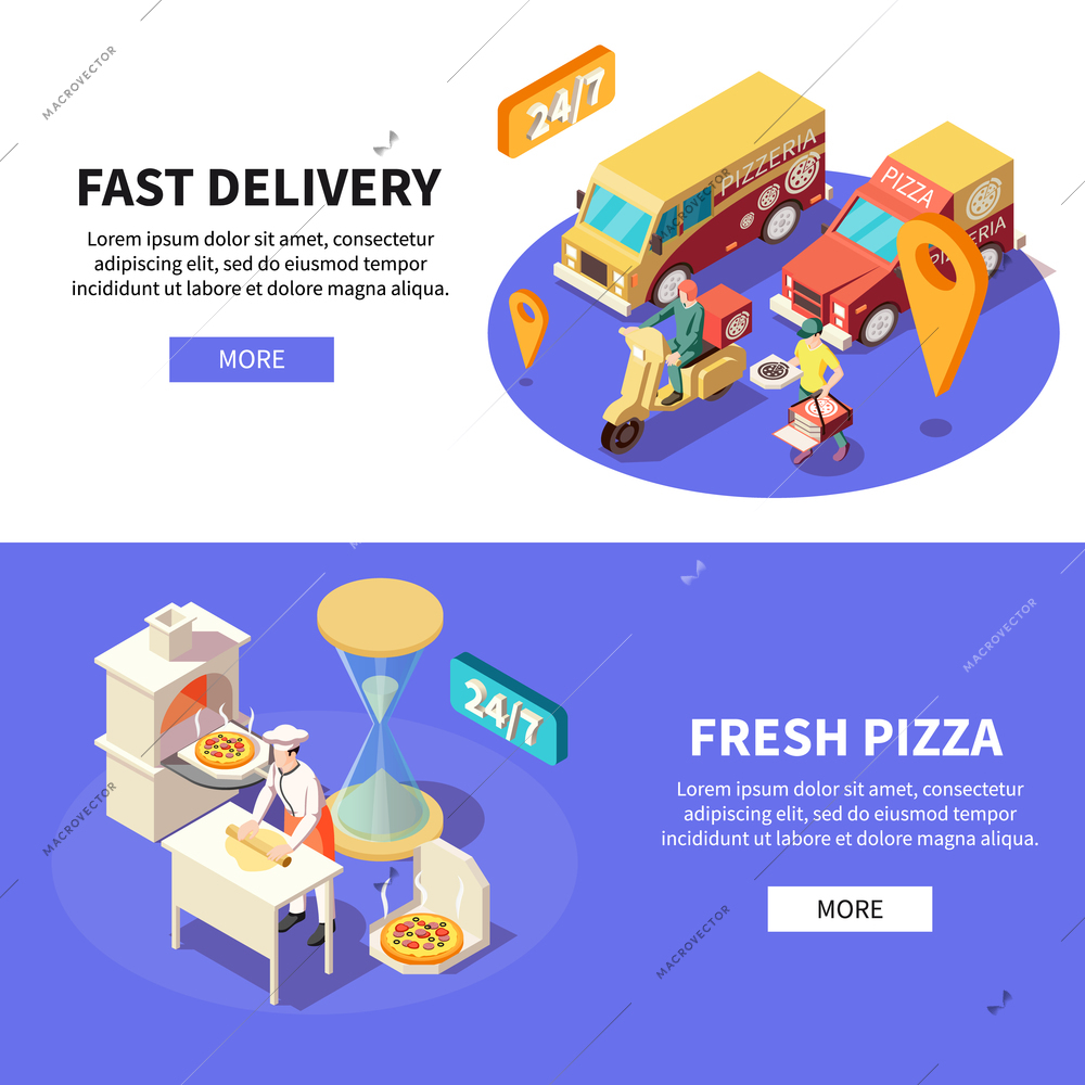 Pizza production pizzeria isometric set of horizontal banners with text clickable button kitchen and delivery images vector illustration