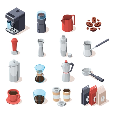 Professional barista isometric set of isolated coffee machine making equipment icons coffee beans cups and pot vector illustration