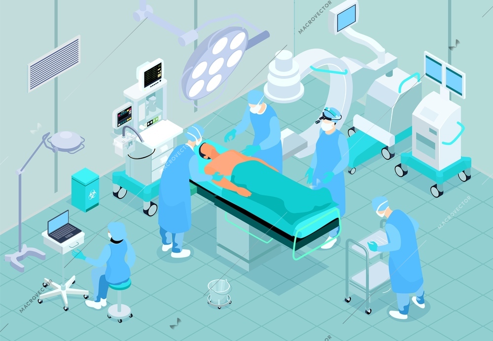 Medical operating room isometric interior with patient on surgical table surgeon nurse assistant performing procedure vector illustration