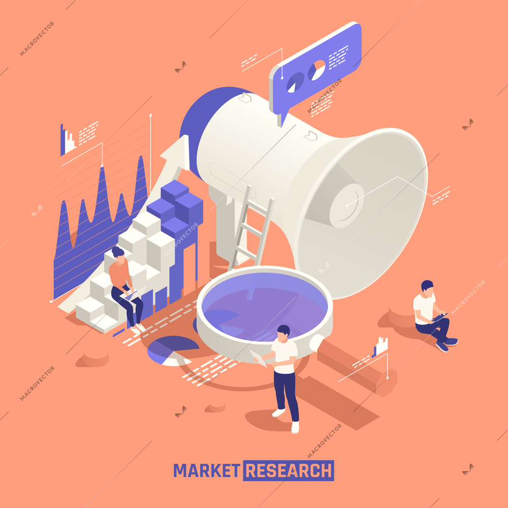 Market research isometric vector illustration with team of creative people near big loudspeaker and magnifying glass